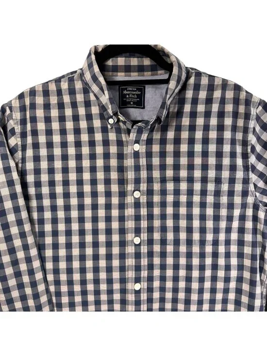 Abercrombie & Fitch Blue White Gingham Shirt Check Button Up Stretch M Mens - Picture 3 of 15